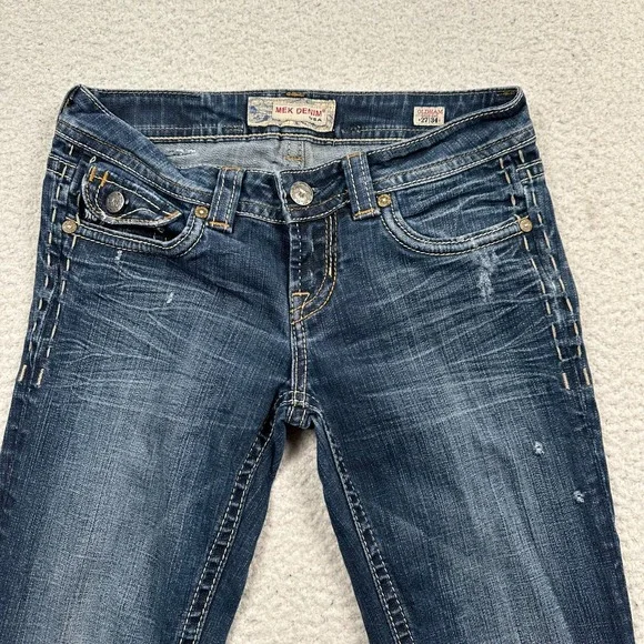 Mek Denim Jeans Womens 27x34 Oldham Bootcut Distressed Flap Pockets Stretch Blue - Picture 11 of 13